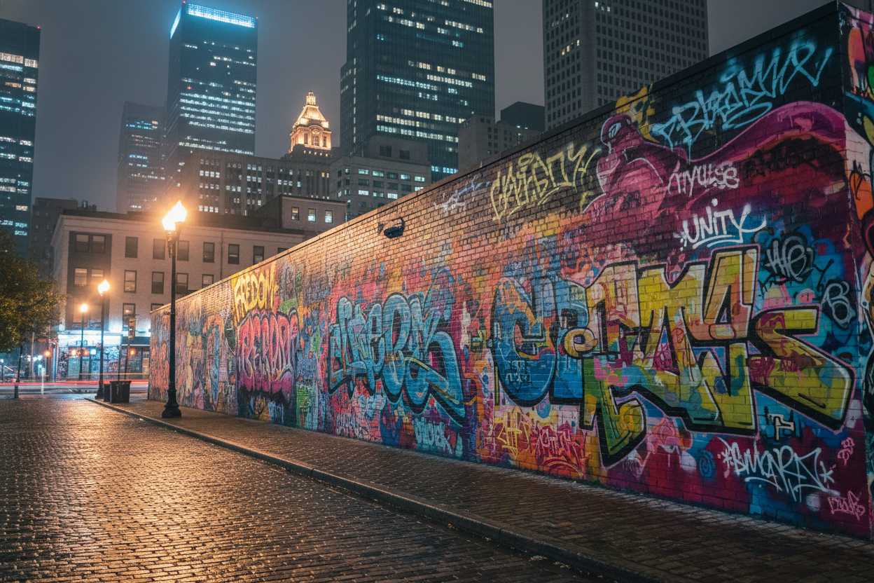 a wall full of grafitti in a big city town at night shift